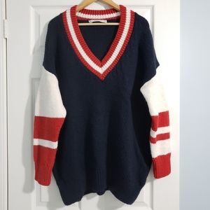 Zara Oversized Navy, Red, White V-neck Sweater